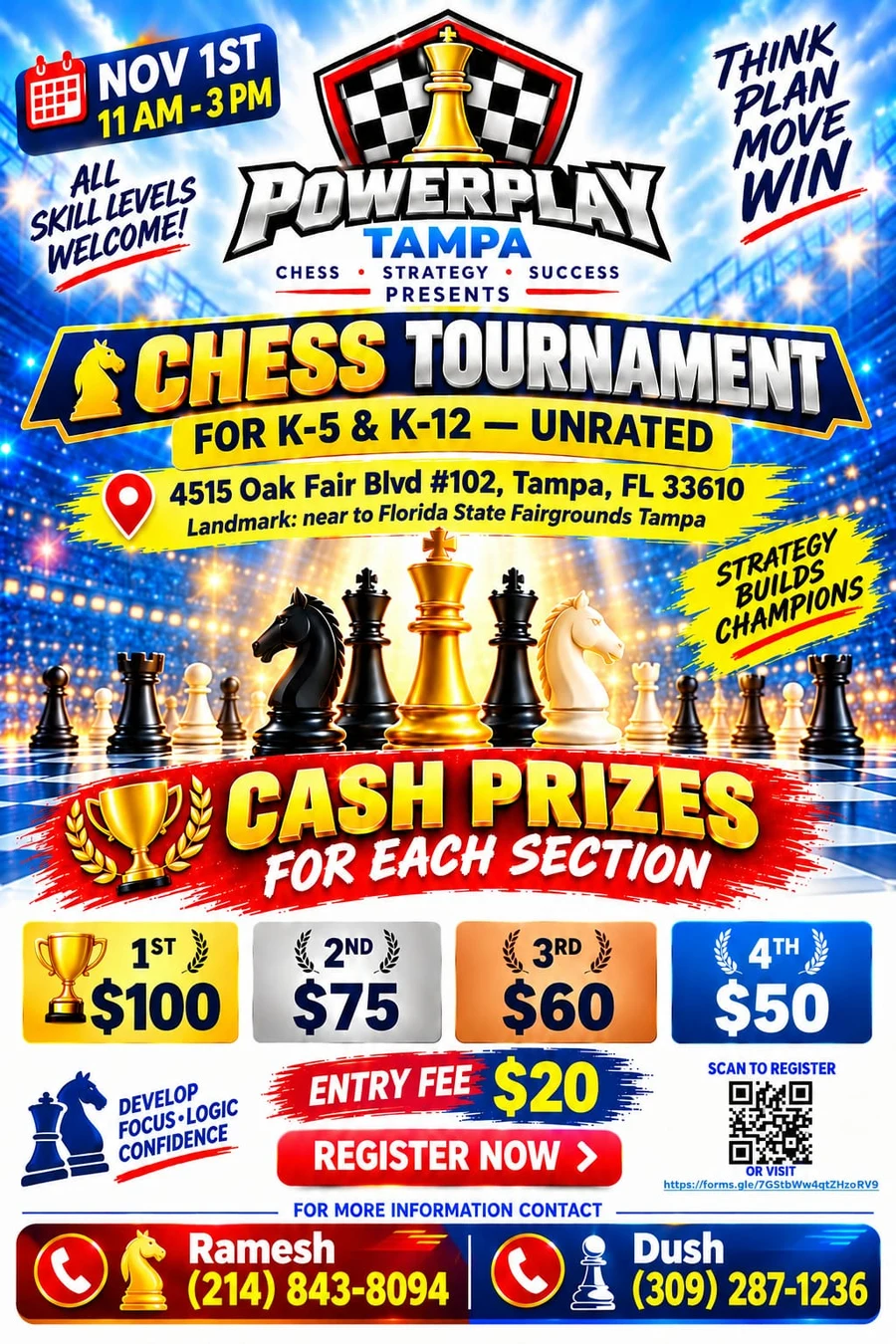 PowerPlay Tampa Chess Tournament flyer - November 1, 2026 - K-5 and K-12 - Unrated - Register Now